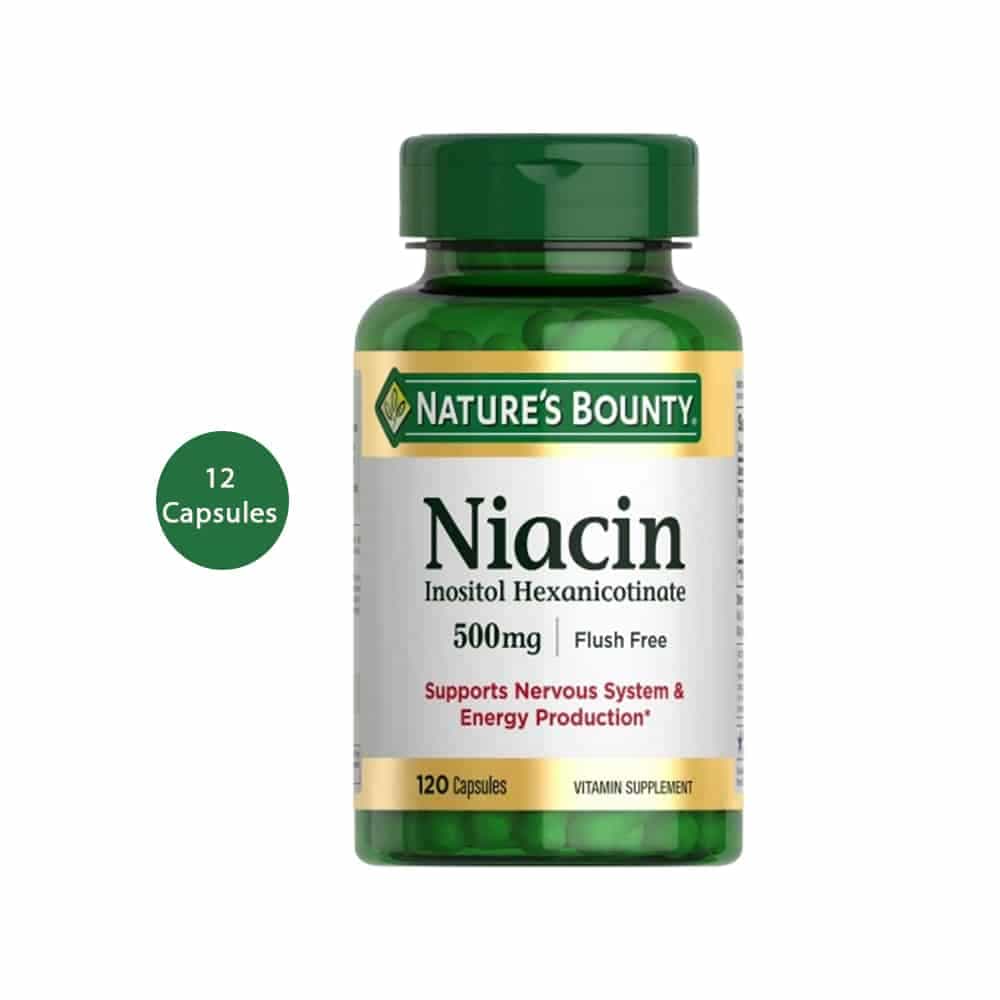 Nature’s Bounty Flush Free Niacin 500 mg Capsules for Energy Metabolism (120 Capsules)